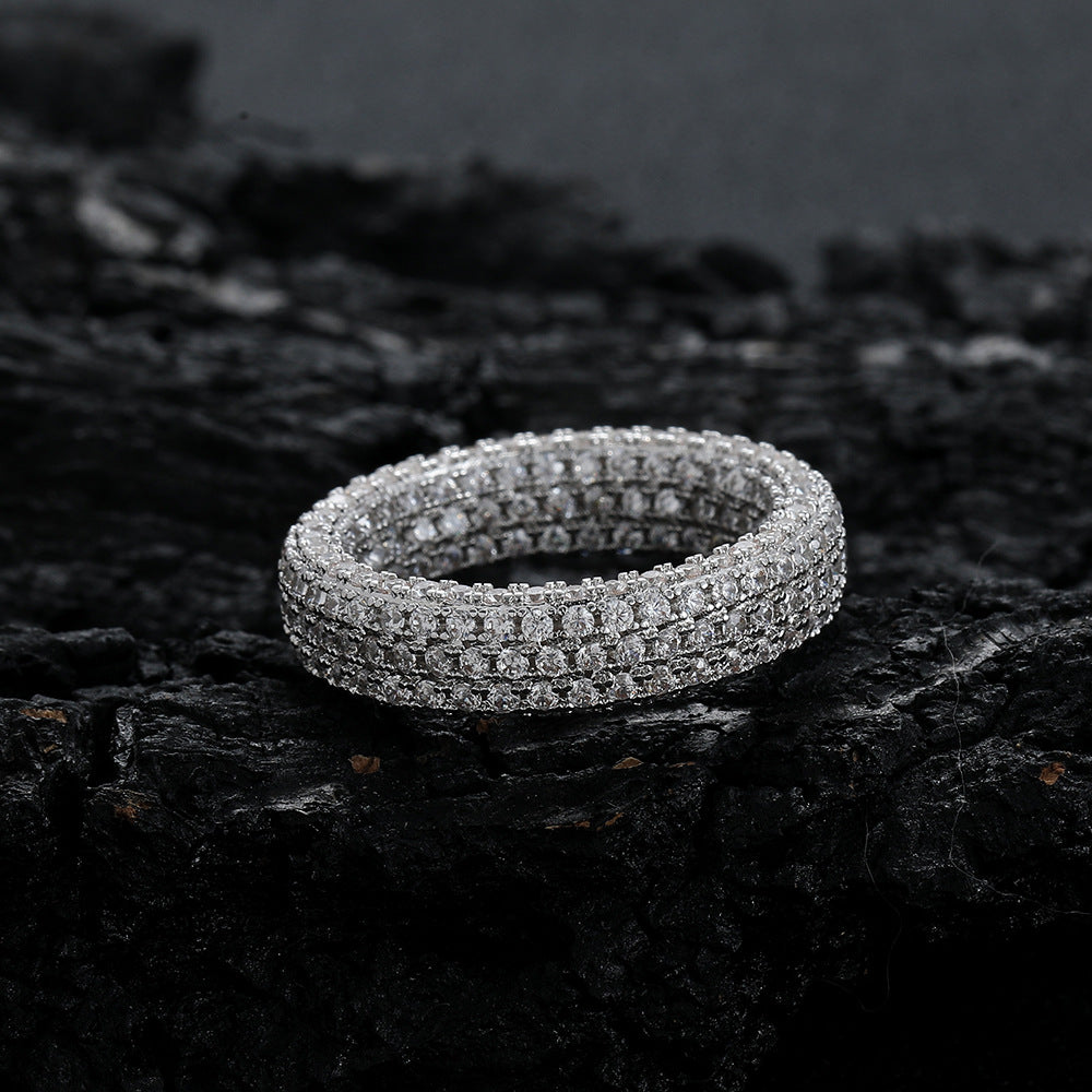 Full Zircon Hip-Hop Sterling Silver Ring · 18K Gold Plated 6mm Band