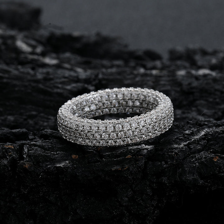 Full Zircon Hip-Hop Sterling Silver Ring · 18K Gold Plated 6mm Band