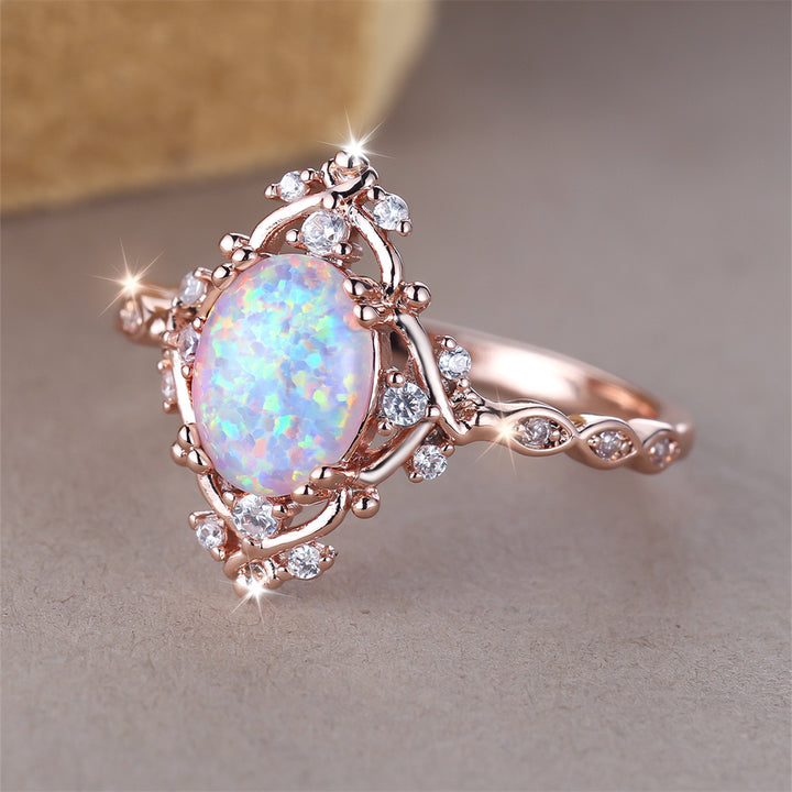 Vintage Court Style Opal Ring - Rose Gold Diamond-Inlaid Opal Band