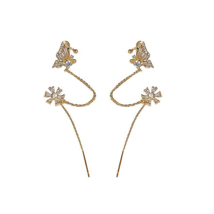 14K Gold Minimalist Butterfly & Flower Ear Cuff Chain