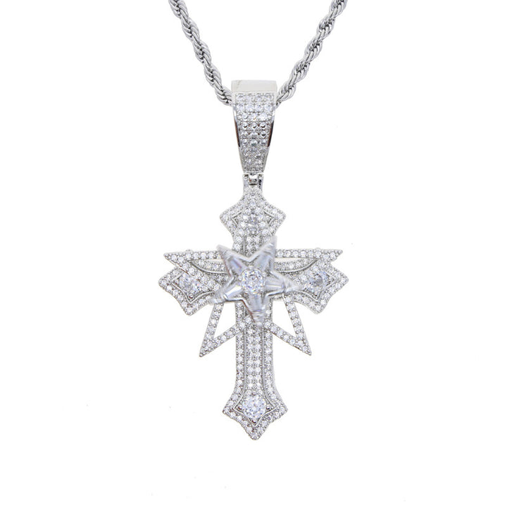 Hip-Hop Rotatable Pentagram Cross Zircon Pendant Necklace