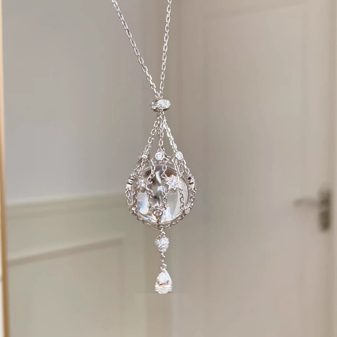 Niche Design White Crystal Starburst Mesh Pouch Pendant - Adjustable Necklace High-End Versatile Jewelry