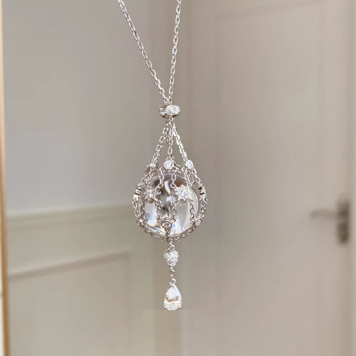 Niche Design White Crystal Starburst Mesh Pouch Pendant - Adjustable Necklace High-End Versatile Jewelry