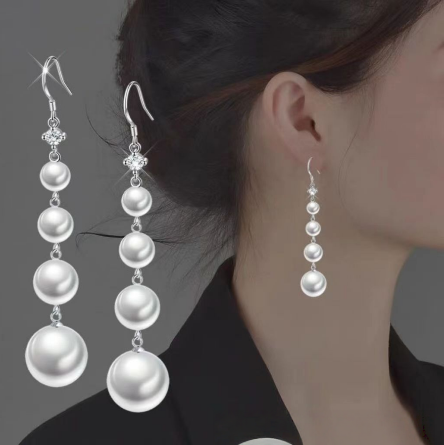 Graduated Pearl Long Drop Earrings (Elegant Slimming Statement Earrings)