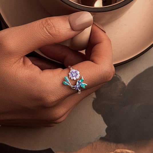 S925 Silver Hummingbird & Flower Adjustable Ring