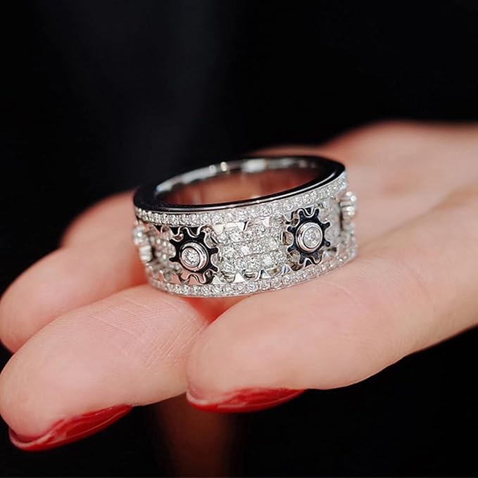 Sterling silver mechanical-style starry rotating gear ring
