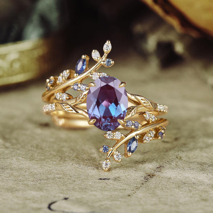 18K Gold-Plated Leaf Design Ring Set with Colorful Zircon