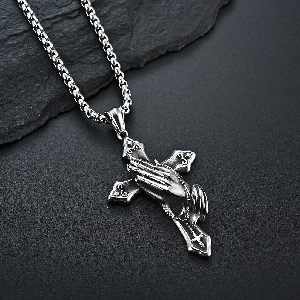 Titanium Steel Praying Hands Cross Necklace (Faith Retro Hardcore Style)