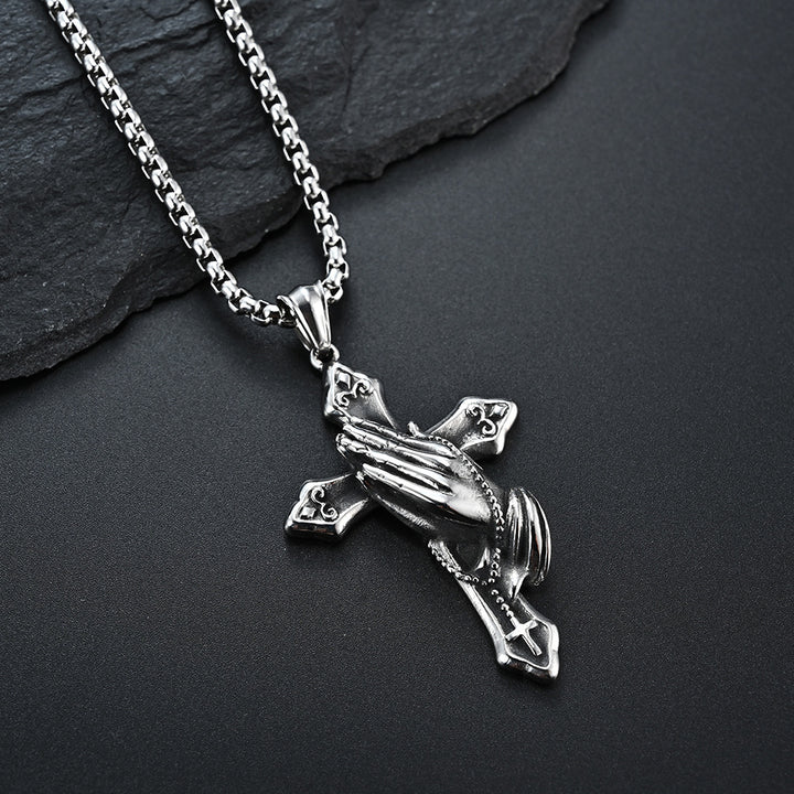 Titanium Steel Praying Hands Cross Necklace (Faith Retro Hardcore Style)