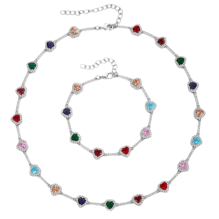 Rainbow Heart Diamond Choker & Bracelet Set (Dopamine Sweet-Cool Vibe Style)