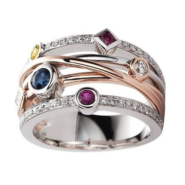 S925 Silver Two-tone Intertwined Multi-gem Wide Band Ring, Luxury Color Block Statement Ring
