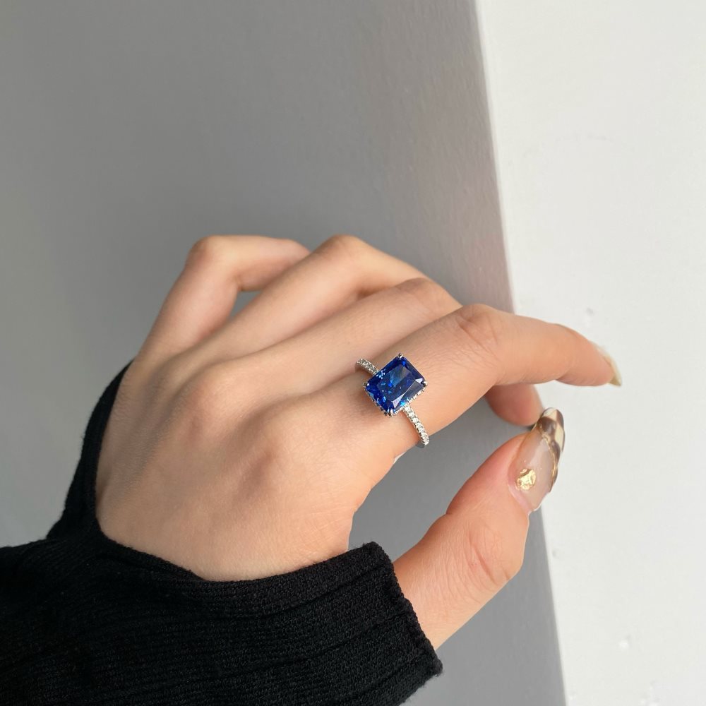 Radiant Cut Rectangular Gemstone Four-Prong Ring, Paved Shank Luxury Engagement Gem Band Multiple Colors