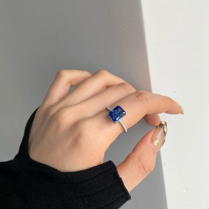 Radiant Cut Rectangular Gemstone Four-Prong Ring, Paved Shank Luxury Engagement Gem Band Multiple Colors
