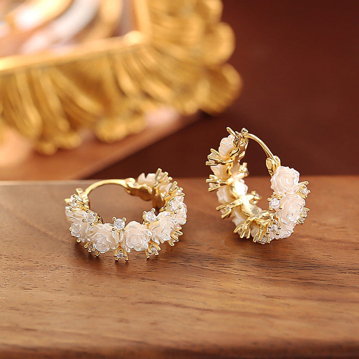 White Rose Wreath Hoop Earrings, Gentle 3D Rose Diamond Circle Earrings, Gold Luxury Earrings