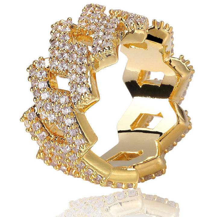Full Pave Cuban Link Wide Band Ring, Solid S925 Silver Gold & Silver Two-Tone Hip Hop Heavy Chain Statement Ring