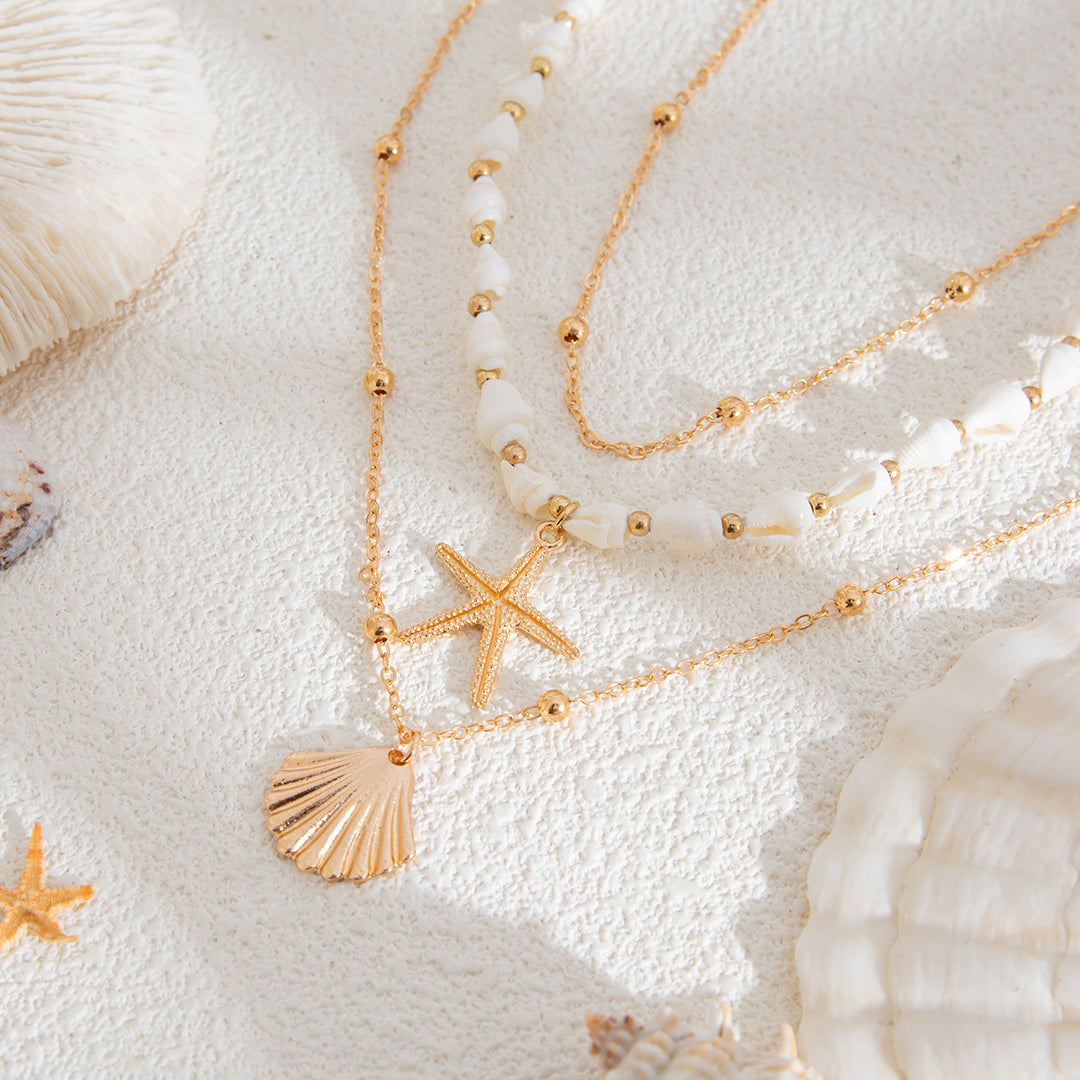 Beach Vacation Three-Layer Shell Starfish Jewelry Set, Irregular White Pearl Layered Choker & Chunky Chain Pearl Bracelet 2-Piece Jewelry Set