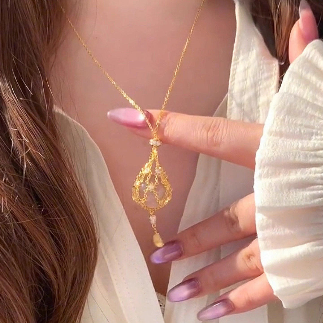 Crystal Ball "Wish Net" Pendant Necklace (Minimalist Silver Tone Clavicle Chain)