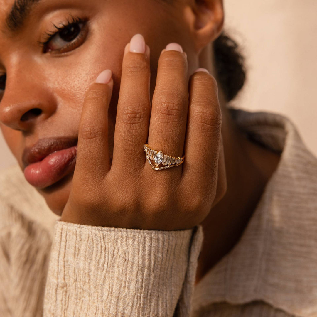 Marquise & Baguette V Shape 2Pcs Ring Set, S925 Silver Dainty Stacking Bands For Women