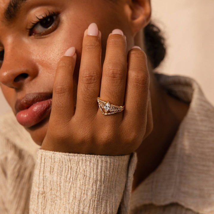 Marquise & Baguette V Shape 2Pcs Ring Set, S925 Silver Dainty Stacking Bands For Women