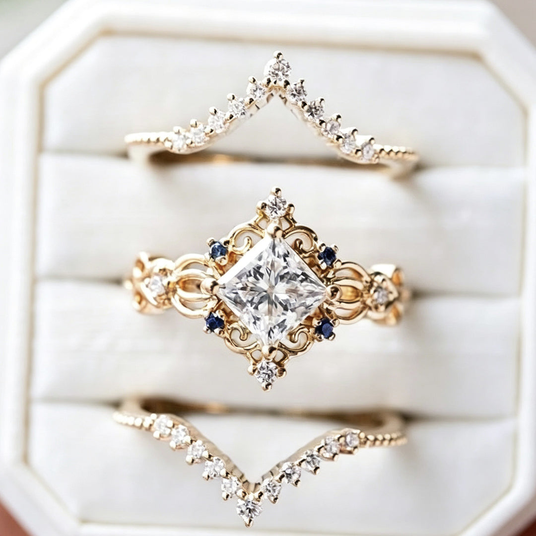 Vintage Filigree Princess Cut Sapphire 3-Piece Ring Set, Solid S925 Silver Gold Tone Bridal Stackable Jewelry Set