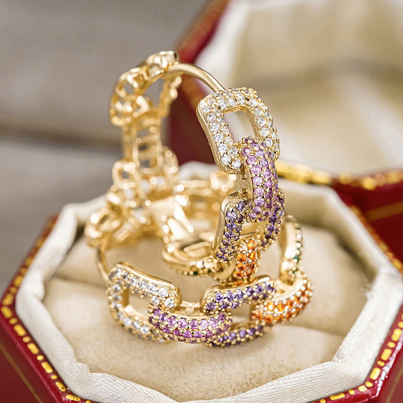 Chunky Chain Color Gradient Paved Hoop Earrings, Hip Hop Geometric Link Luxury Leverback Earrings for Women