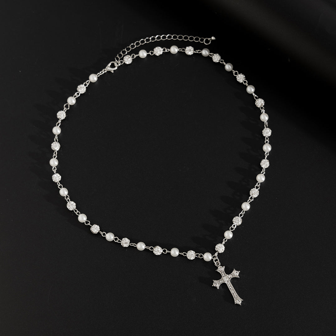 Pearl & Diamond Cross Pendant Necklace (Y2K Edgy Choker)
