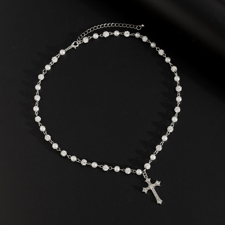 Pearl & Diamond Cross Pendant Necklace (Y2K Edgy Choker)