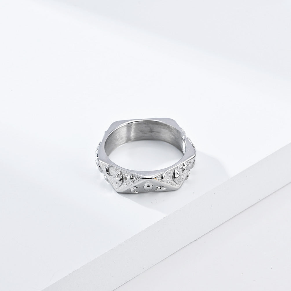 Polygonal 3D Sun Moon Star Embossed Ring, S925 Silver Gold / Silver / Black Trendy Unisex Band