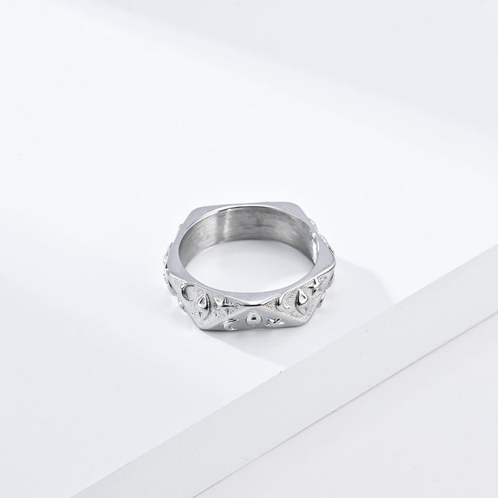 Polygonal 3D Sun Moon Star Embossed Ring, S925 Silver Gold / Silver / Black Trendy Unisex Band
