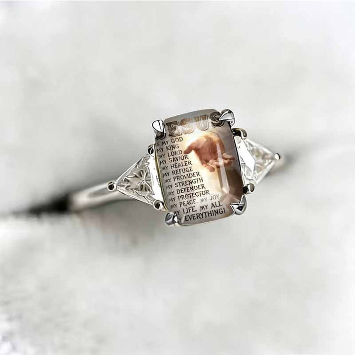 S925 Silver Faith‑Themed Printed Square Stone Ring, Two‑Tone Option Heart‑Accent Religious Ring for Women
