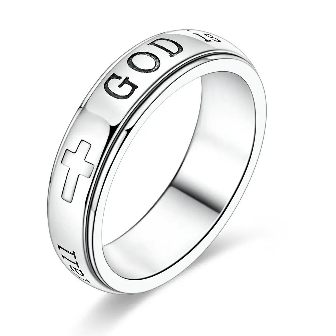 Rotatable Engraved Cross Ring, S925 Silver Inspirational Scripture Wide‑Band Faith Ring