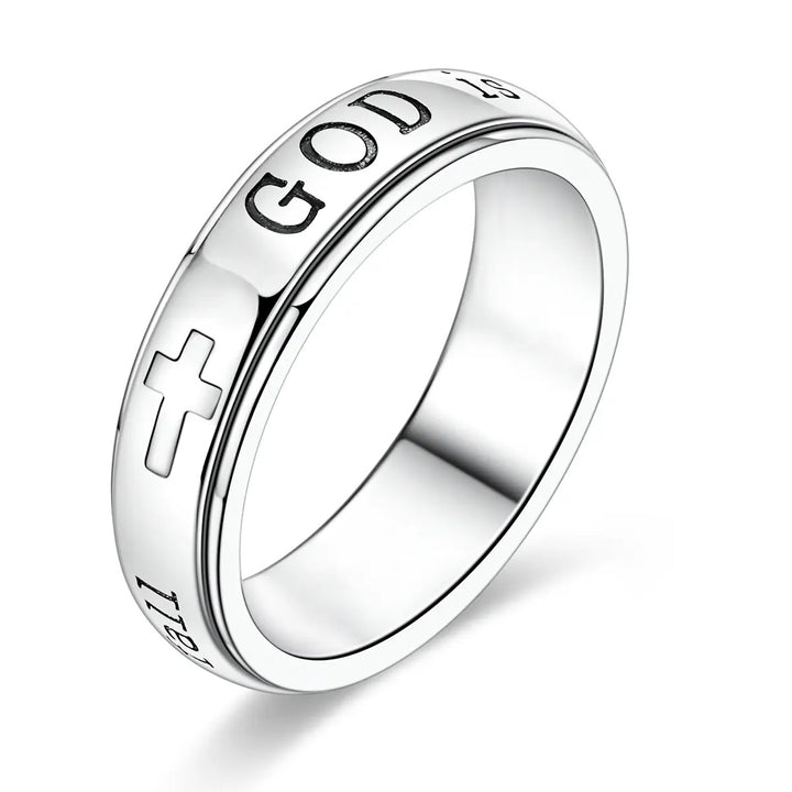 Rotatable Engraved Cross Ring, S925 Silver Inspirational Scripture Wide‑Band Faith Ring