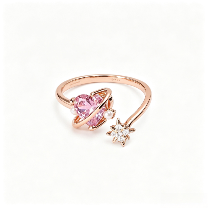 Planet‑Style Heart Pink Diamond Star Open Ring, Two‑Tone Options