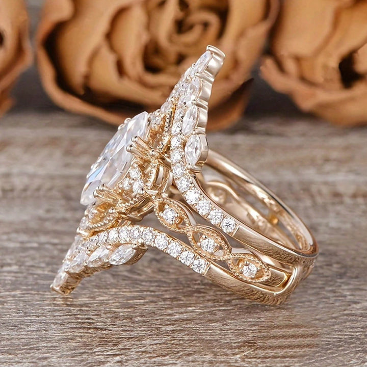 Marquise‑Cut V‑Shape 3‑Piece Stackable Ring Set, Three‑Tone Options