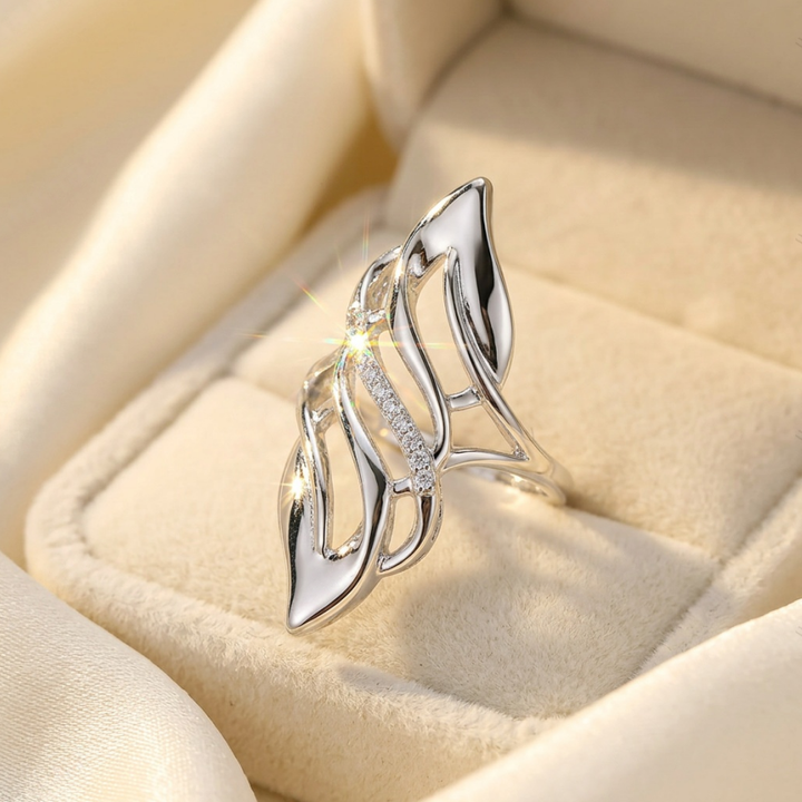 Open S925 Silver Ring With Hollow‑Out Leaf & Paved Diamonds, Luxury Leaf‑Shaped Band, Gold / Silver / Rose‑Gold Three‑Tone
