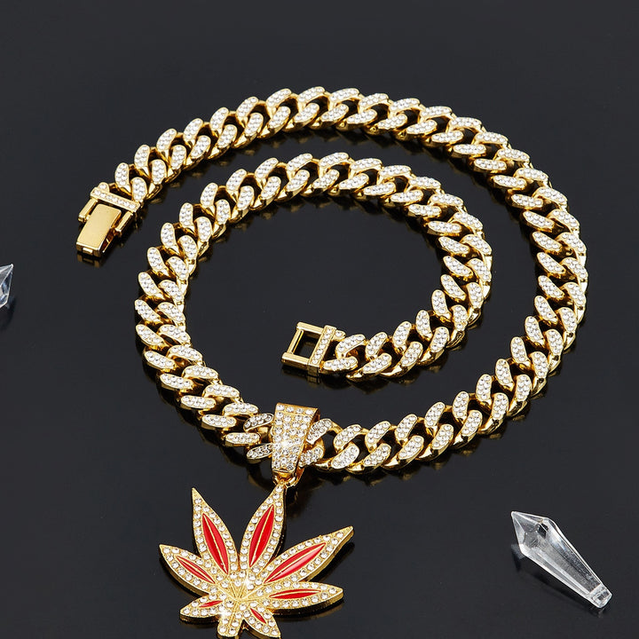 Color Enamel Maple Leaf Iced Out Cuban Necklace, Hip Hop Chunky Diamond Chain Trendy Pendant Necklace for Men