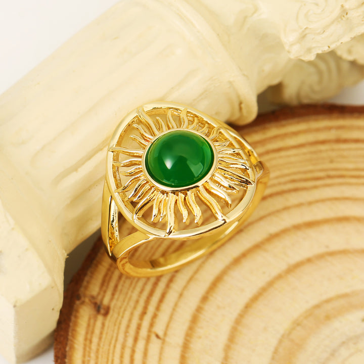 Openwork Sunburst Green Chalcedony Bezel Ring, Solid S925 Silver Gold-Plated Vintage Sun God Unique Band