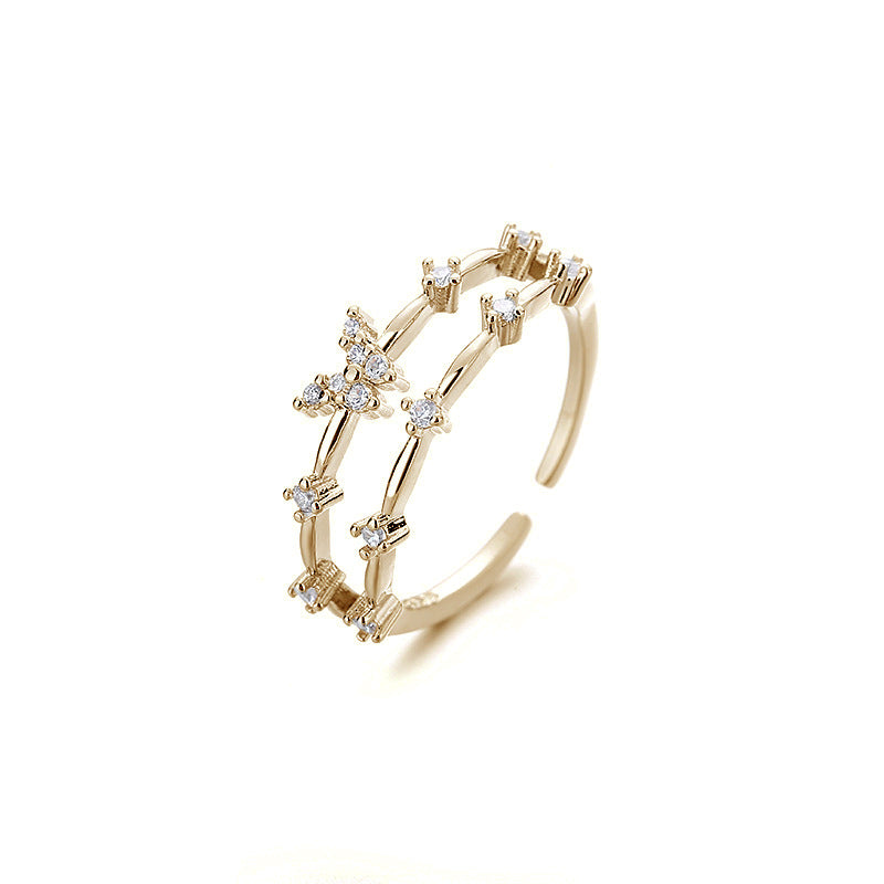 Double Layer Branch Pave Crystal Open Ring, Gold & Silver French Floral Adjustable Thin Band