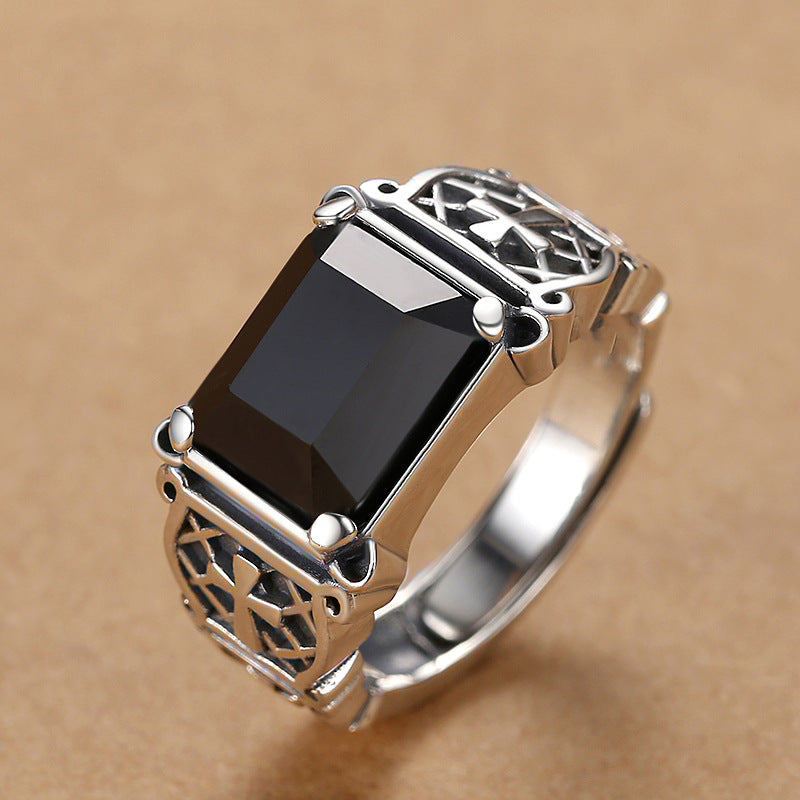 Vintage Rectangular Black Gem Cross Hollow‑Out Men's Ring