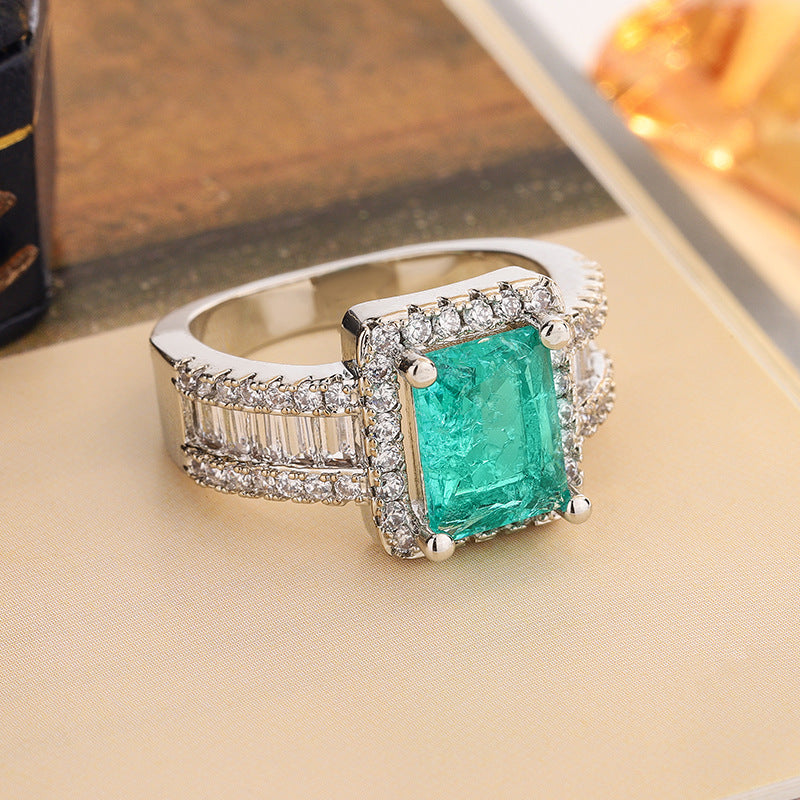 Square Green Gemstone Halo Diamond S925 Silver Ring