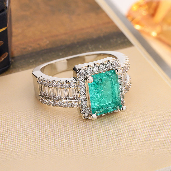 Square Green Gemstone Halo Diamond S925 Silver Ring