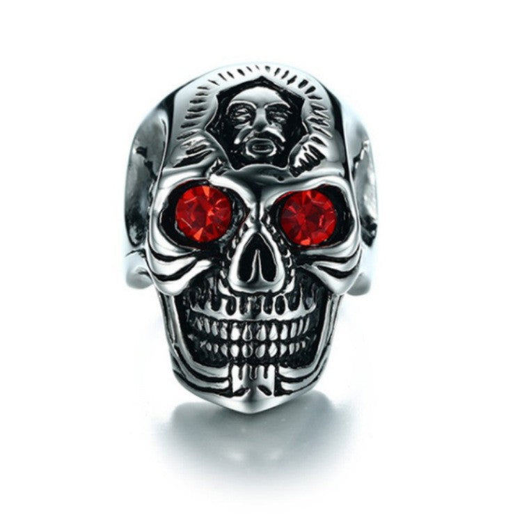 Red Gem Eye 3D Skull Embossed Ring, S925 Silver Antiqued Dark Biker Wide Band For Men