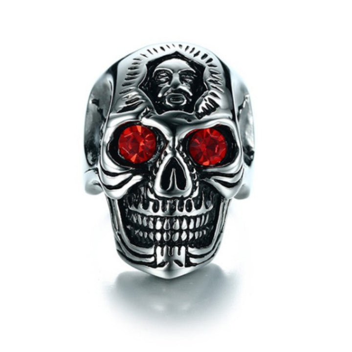 Red Gem Eye 3D Skull Embossed Ring, S925 Silver Antiqued Dark Biker Wide Band For Men
