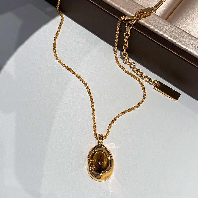 S925 Silver‑Gold‑Plated Irregular Texture Tiger's Eye Pendant Necklace, Vintage Luxury Women's Choker