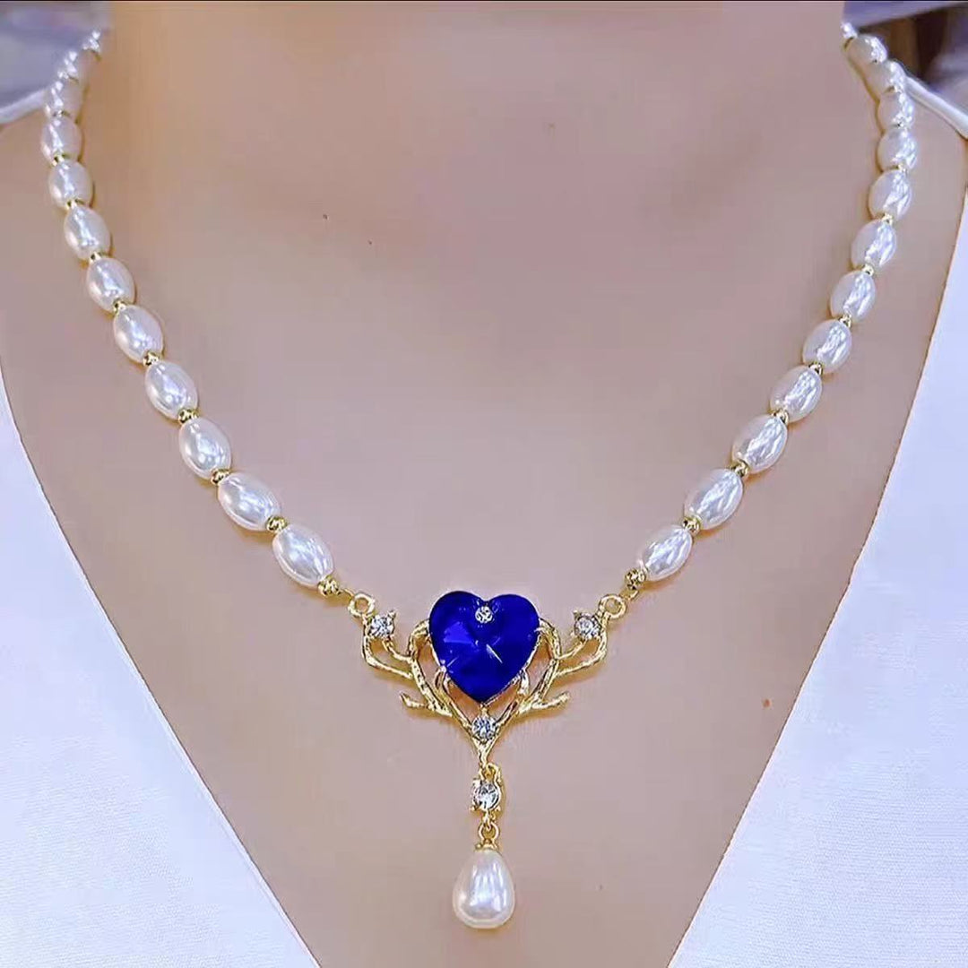 Vintage Pearl Necklace With Blue Heart Stone S925 Silver Gold‑Plated