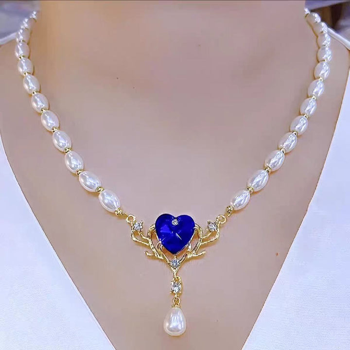 Vintage Pearl Necklace With Blue Heart Stone S925 Silver Gold‑Plated