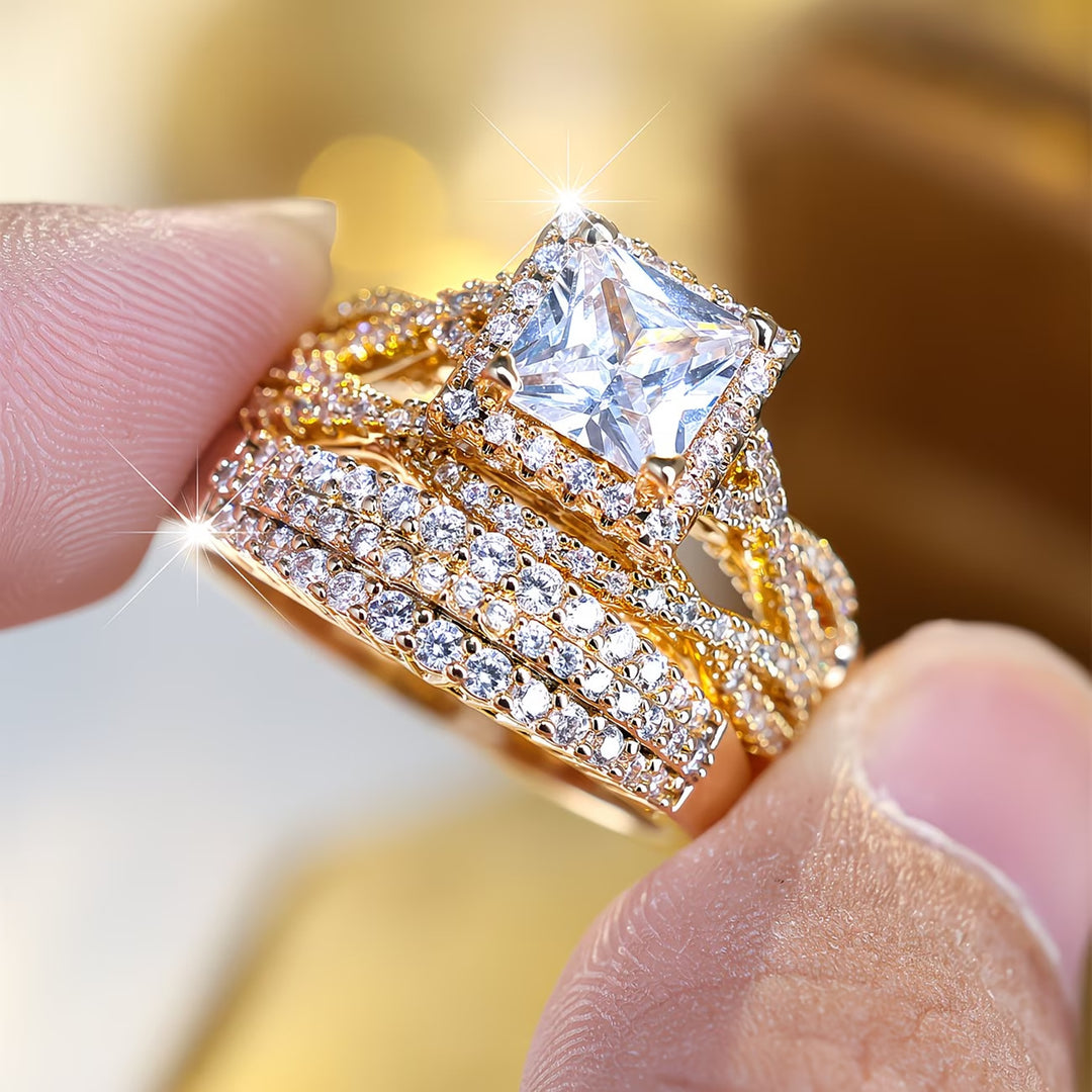 Square Center Stone Paved Three-Piece Ring Set, Luxury Stackable Engagement Ring Set