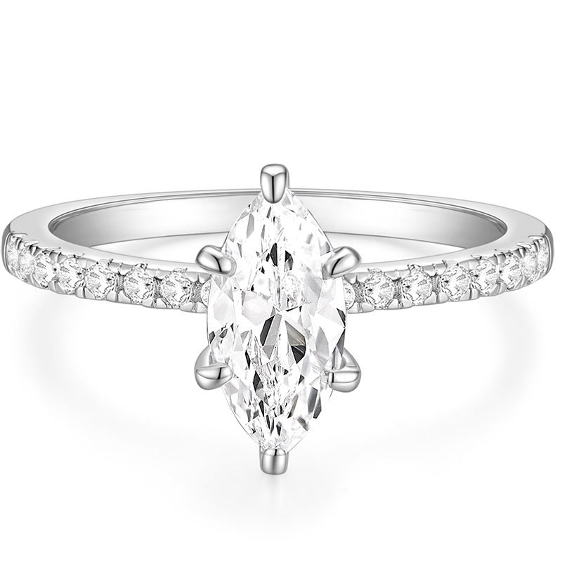 Marquise Cut Six-Prong Paved Thin Shank Ring, Gold & Silver Elegant Engagement Band for Women