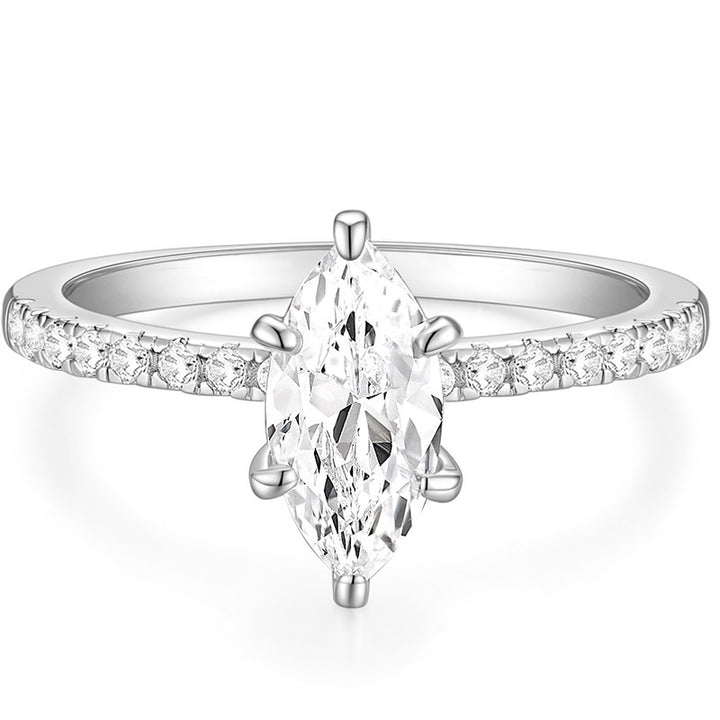 Marquise Cut Six-Prong Paved Thin Shank Ring, Gold & Silver Elegant Engagement Band for Women