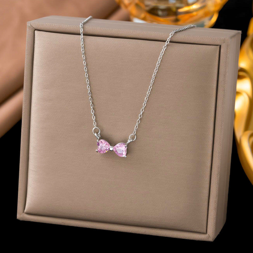 Pink Heart Diamond Bow Jewelry Set, S925 Silver Sweet Girly 3-Piece Necklace Earring Ring Kit